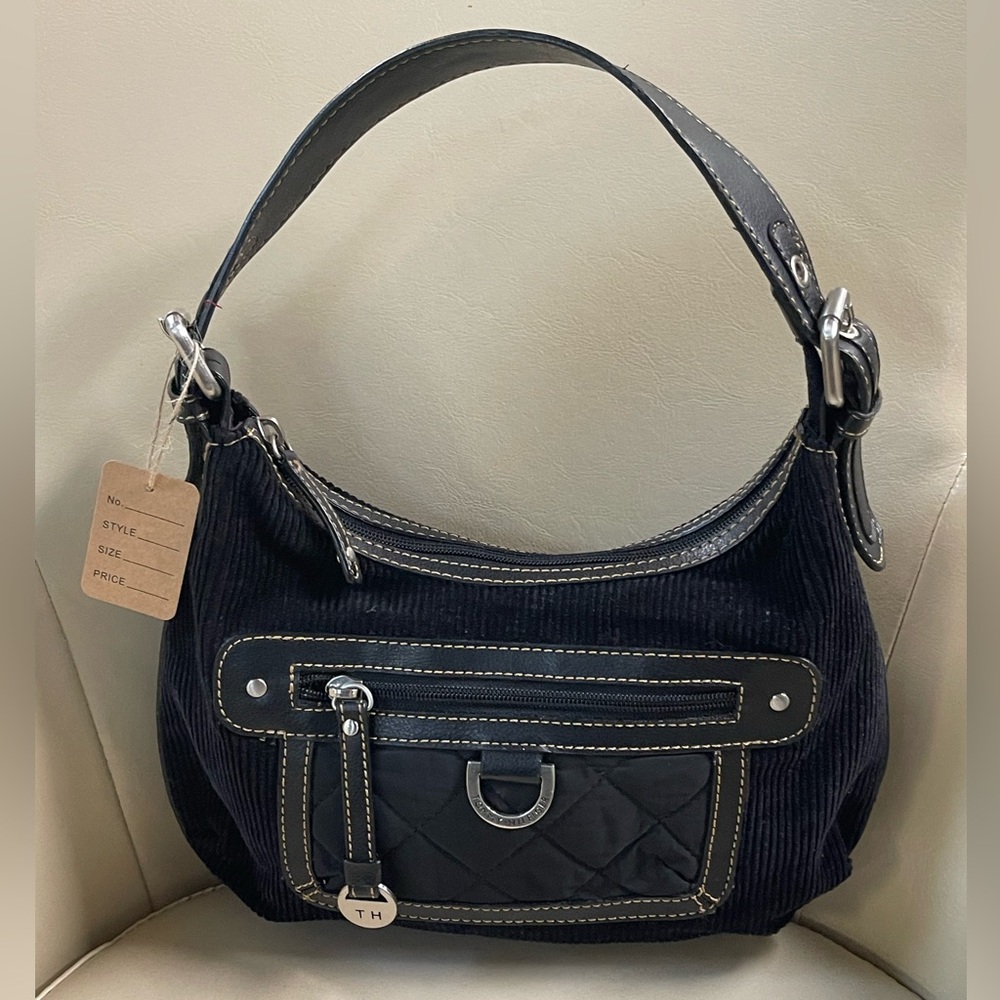 Tommy Hilfinger Black Corduroy Shoulder Bag with Quilted Front Pocket